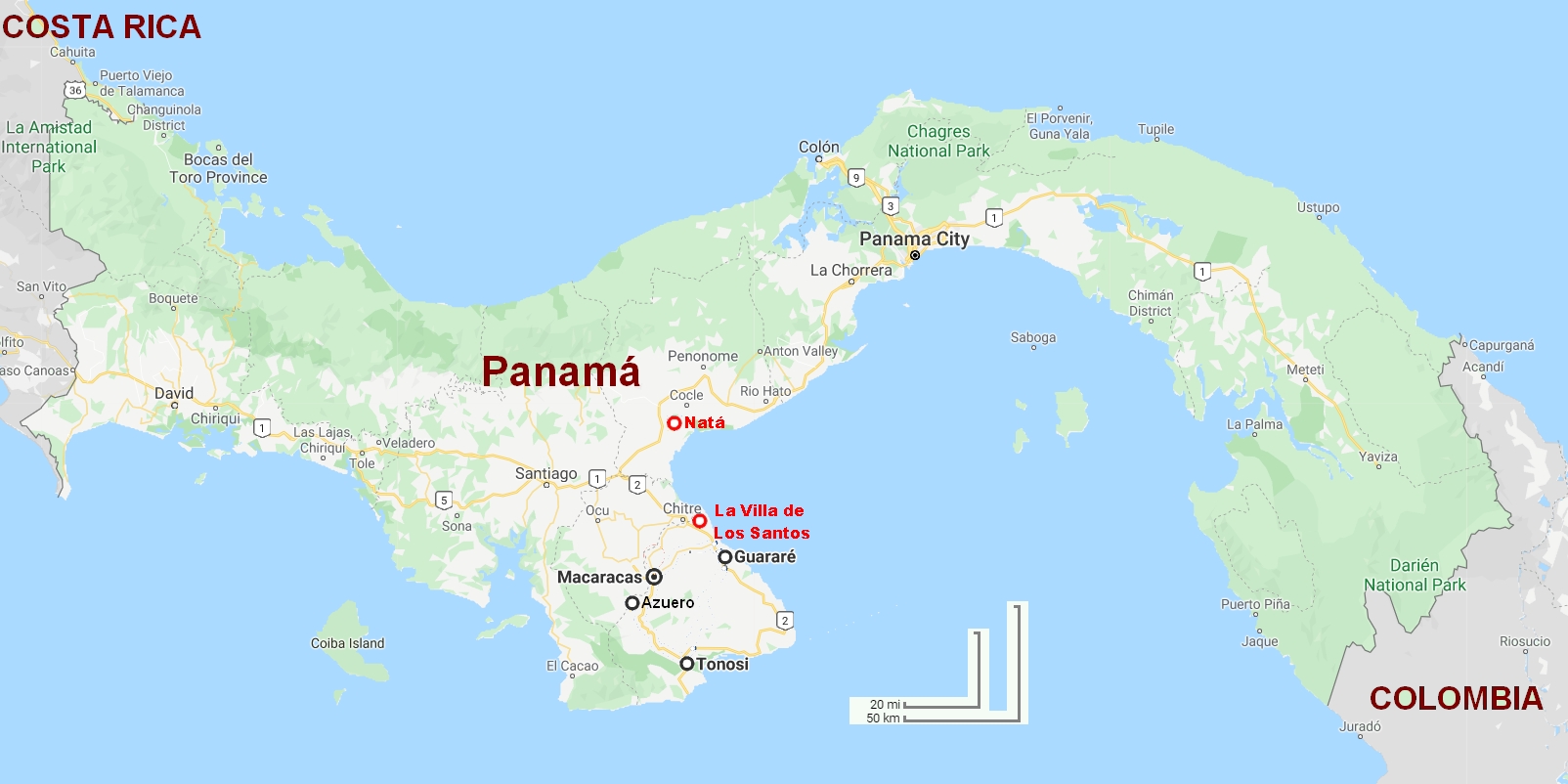 Map of Los Santos province in Panama.
