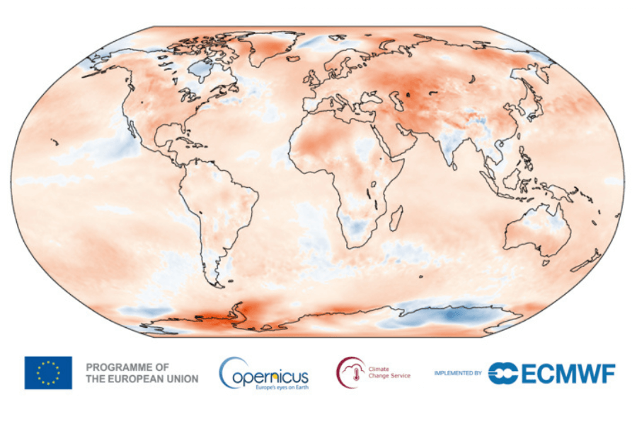 global map showing temperatures